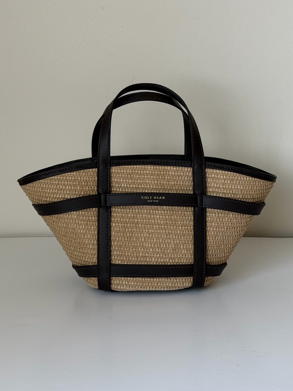 Brown Leather and Straw Tote Bag